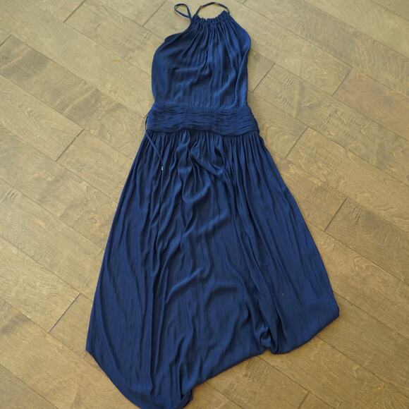 Ramy Brook Ruched Back Pleated Midi Dress Navy Womens Size 0 - Picture 3 of 9